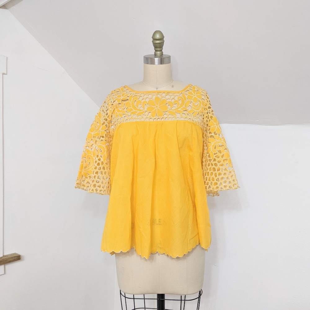 (30) vtg 1960s era ultra boho hippie yellow eyelet embroidered bell sleeve blous